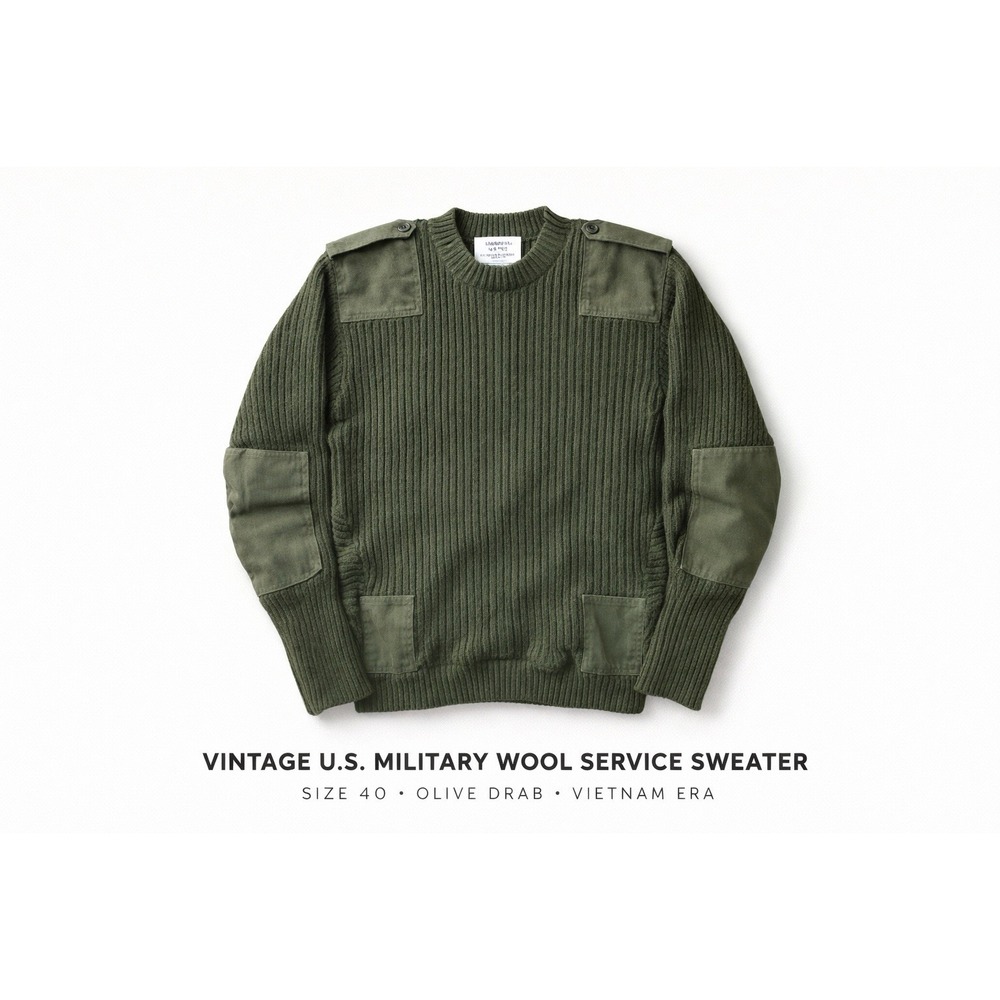 Vintage 70s US Military Marine Wool Service Sweater Sz 40 Olive Drab Epaulettes
